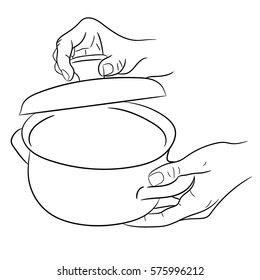 hands holding a saucepan and cover of vector illustrations