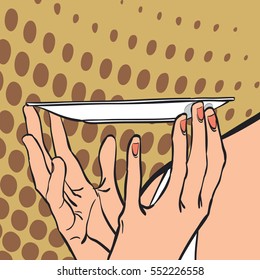 Hands holding a saucer. Woman having pleasure from the delicious food. Woman in a dream. Having pleasure. Concept idea of advertisement and promo. Pop art retro style illustration. Halftone background