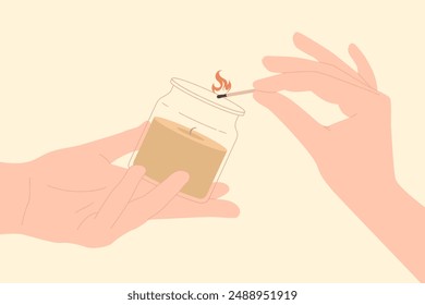 Hands holding scented candle with clear glass and match with fire to light wick. Human fingers hold wooden stick and aromatic candle jar for home spa and aromatherapy cartoon vector illustration