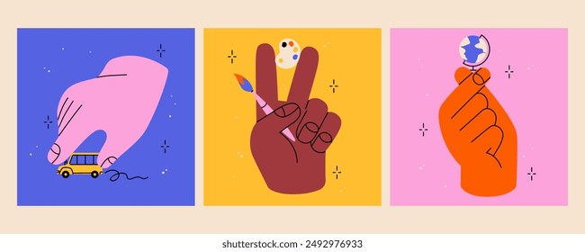 Manos sosteniendo cosas de la escuela. Ilustración vectorial plana dibujada a mano con las manos grandes con el colorido autobús escolar, paleta, cepillo, globo. Ilustración aislada de moda, concepto de educación.