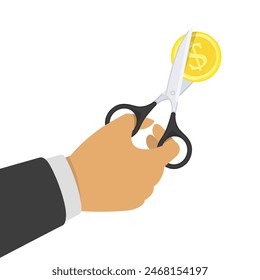 Hands holding scissors and cutting gold coin. Reducing cost concept. Businessman Cutting dollar. Big discount. Half price. 