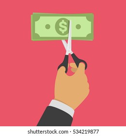 Hands holding scissors and cutting money bill. Reducing cost concept. Businessman Cutting dollar banknote. Big discount. Half price. Vector illustration in flat design isolated on red background.