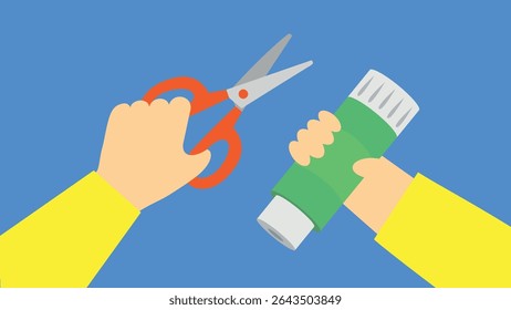 Hands holding scissors and glue tube. Flat design vector illustration.