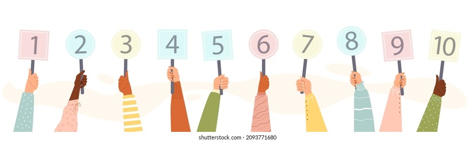 Hands holding score cards, flat vector illustration isolated on white background. Human hands set raising up numbers signs or banners in different colors.