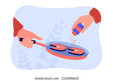 Manos sosteniendo botellas de condimento y sartén frita con pescado. Comida de cocina personal para el almuerzo o la cena en la casa o en el restaurante de ilustración vectorial plana. Comida, concepto de receta para banner o página web de aterrizaje