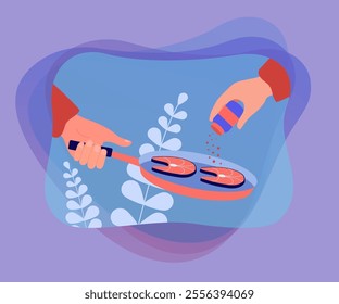 Hands holding seasoning bottle and frying pan with fish. Person cooking meal for lunch or dinner at home or restaurant flat vector illustration. Food, recipe concept for banner or landing web page