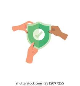 Hands holding security shield, Security shields logotypes with check mark, Protection and agreement concept.