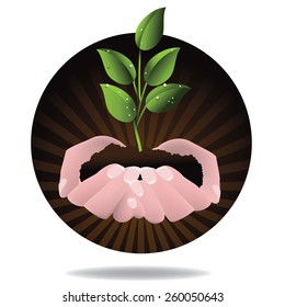 Hands holding seedling design. EPS 10 vector royalty free stock illustration for ad, promotion, poster, flier, blog, article, ad, marketing, conservation, gardening, brochure