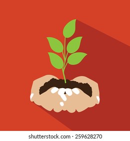 Hands holding seedling flat design. EPS 10 vector royalty free stock illustration for ad, promotion, poster, flier, blog, article, ad, marketing, conservation, gardening, brochure