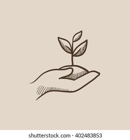 Hands holding seedling in soil sketch icon.