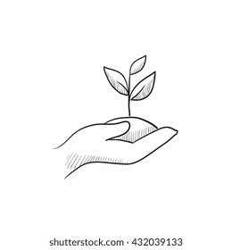 Hands holding seedling in soil vector sketch icon isolated on background. Hand drawn Hands holding seedling in soil icon. Hands holding seedling in soil sketch icon for infographic, website or app.