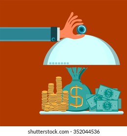 Hands holding a serving dish with gold coins, dollar bills and a bag of money. Investment, the rich man. Lending.