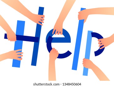 Hands holding shapes creating world help. Charity share. Donate, giving money. Vector illustration, flat style design. - Vektor 