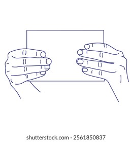 Hands holding a sheet of paper. Contour vector illustration. Index, middle, ring, little fingers and thumb