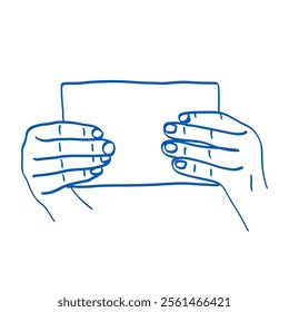 Hands holding a sheet of paper. Doodle vector illustration. Index, middle, ring, little fingers and thumb