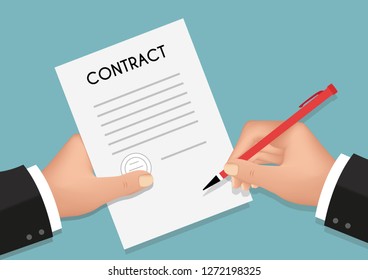 Hands holding sheet of paper with text and pen. All elements are on separate layers. Vector, illustration eps10.