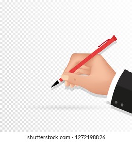 Hands holding sheet of paper with text and pen. All elements are on separate layers. Vector, illustration eps10.