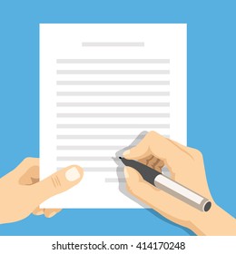 Hands holding sheet of paper with text and pen. Sign document, writing, contract review, paperwork, treaty, dictation concepts. Flat vector illustration