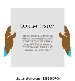 Hands holding Sheet of Paper. Vector Isolated Graphic Design Illustration. Human hand, document, letter, script. Place for any kind of text, print any word. Cartoon, comic, flat, simple, clear style