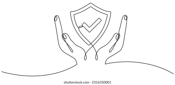 Hands holding shield badge continuous line drawing. Approval check guard symbol. Vector illustration isolated on white.