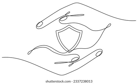 Hands holding shield badge continuous one line drawing. Guard protect linear symbol. Vector illustration isolated on white.