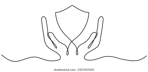 Manos sujetando el botón protector de un dibujo continuo de una línea. Proteger el símbolo lineal. Ilustración vectorial aislada en blanco.