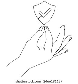 Hands holding shield badge continuous line drawing. Approval check guard linear symbol. Vector illustration isolated on white background.	