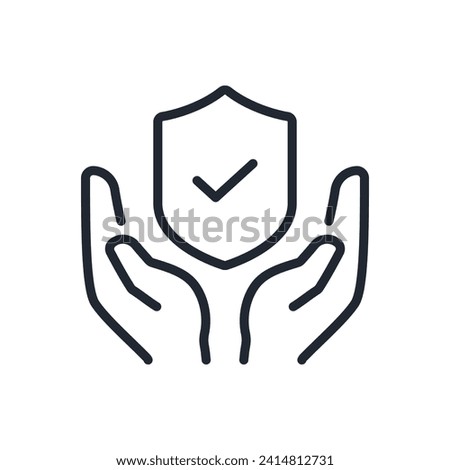 Hands holding a shield editable stroke outline icon isolated on white background flat vector illustration. Pixel perfect. 64 x 64.