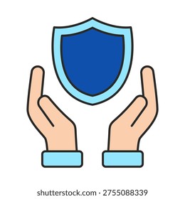 Hands holding shield illustration representing insurance protection safety guarantee secure service risk coverage reliability trust and security support concept for business and personal use