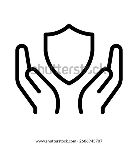 Hands holding shield line icon, protection and security care symbol, simple outline style on white background
