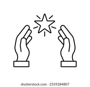 Hands holding shinning star outline icon symbol. Best score, high quality product, experience. Editable stroke