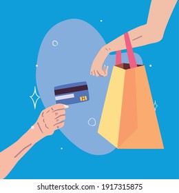 hands holding shopping bag and credit card design of commerce and market theme Vector illustration