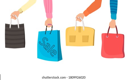 Hands holding shopping bags after a sale.The concept of trading the joy of shopping beautiful bags and packages.Flat vector illustration.