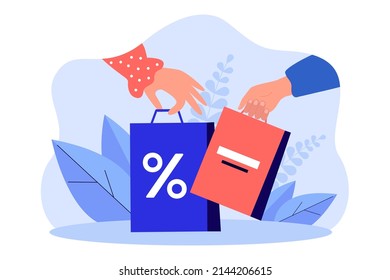 Hands holding shopping bags with sale symbol. Special offer in shop or store, discount or gift flat vector illustration. Delivery, online shopping concept for banner, website design or landing page