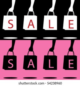 Hands holding shopping bags silhouettes with "SALE" written across them. In 2 color options each on separate layers.