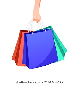 Hands holding shopping bags vector isolated on white background.