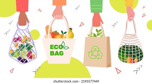 hands holding shopping eco bags full of fruits and vegetables eco friendly mesh shopper zero waste plastic free concept