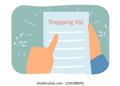 Hands holding shopping list with products or ingredients. Person planning grocery shopping flat vector illustration. Shopping, organization concept for banner, website design or landing web page
