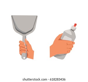 Hands holding shovel for cleaning and detergent in bottle