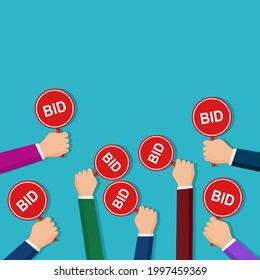 Hands holding up a sign to bid for the purchase price. Auction concept. vector illustration