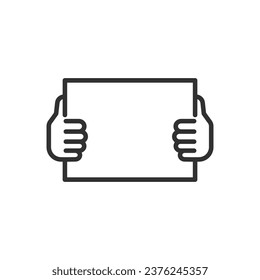 Manos sosteniendo un signo, icono lineal. Línea con trazo editable