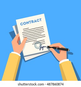 Hands holding and signing business contract paper with a pen. Modern flat style vector illustration isolated on blue background.