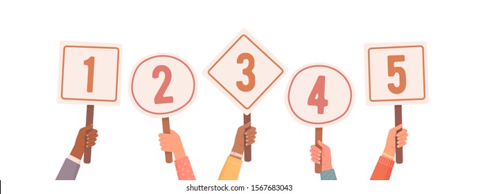 Hands holding signs with amount of scores got. Votes of judges. Tournament or contest. Hands Holding Scorecards. Vector illustration