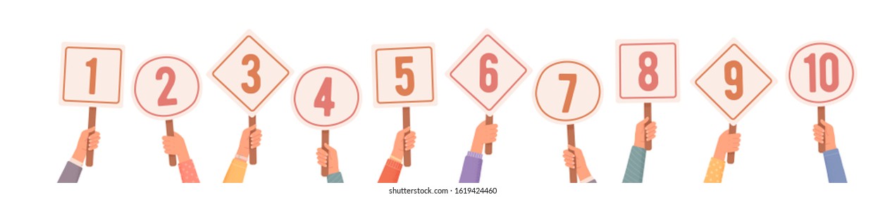 Hands holding signs with amount of scores got. Votes of judges. Tournament or contest. Hands Holding Scorecards. Vector illustration