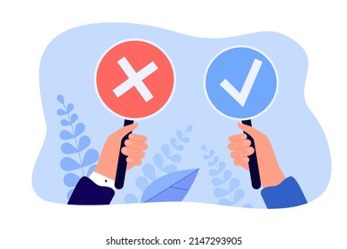 Hands holding signs with cross and checkmark. Wrong and right, cancel or approved vote of person flat vector illustration. Exam, survey, answer concept for banner, website design or landing web page