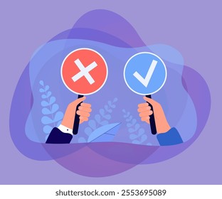 Hands holding signs with cross and checkmark. Wrong and right, cancel or approved vote of person flat vector illustration. Exam, survey, answer concept for banner, website design or landing web page