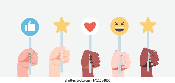 Hands holding signs with different emoji, like and love icons and rating stars isolated on a bluelight grey background. Vector illustration of people opinion, communication and satisfaction signs.