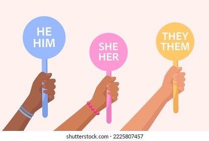 Hands holding signs with gender pronouns