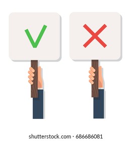 Hands holding a signs with green check mark and red cross. The concept of voting. Vector illustration in flat style for Wed banner or poster design