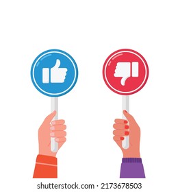 Hands holding signs likes and dislikes vector . Votes of judges.  Disagree, agree, feedback illustration.